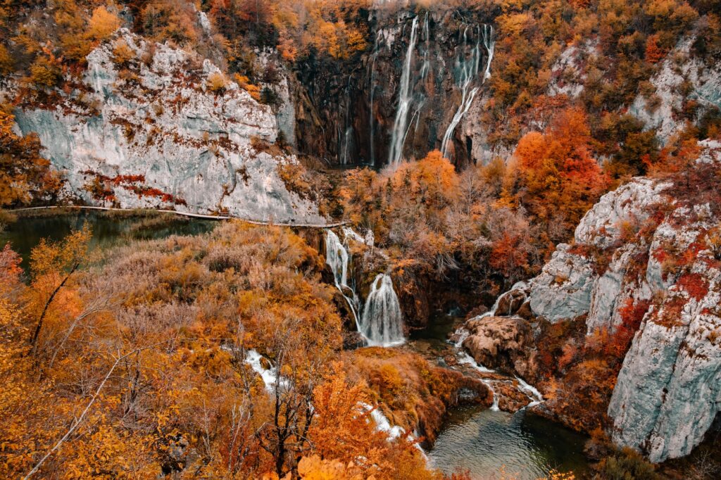 Autumn landscape with amazing waterfalls at Plitvice lakes national park in Croatia