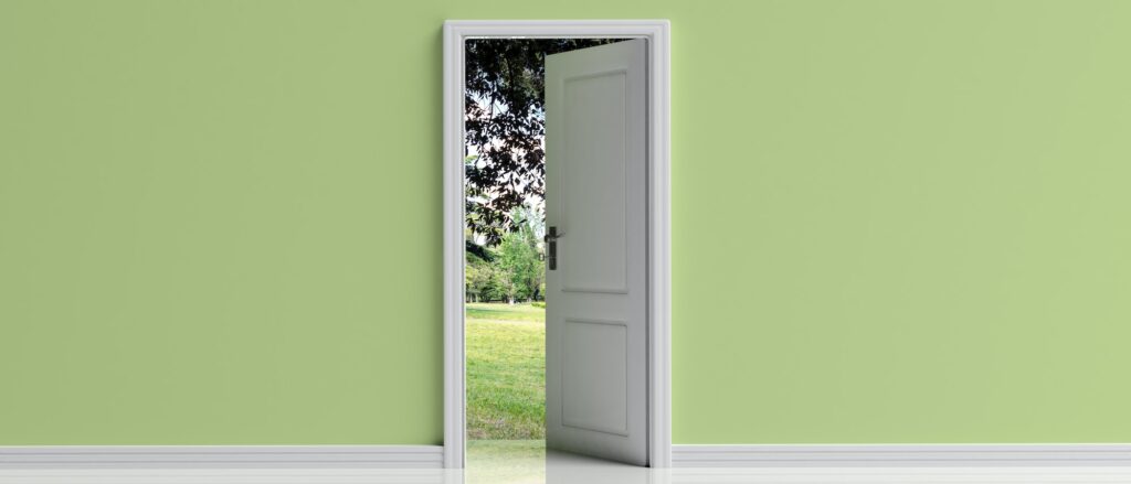Open door on green pastel wall background, Park view out of the door opening, 3d illustration