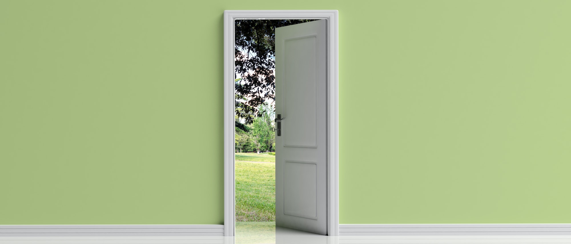 Open door on green pastel wall background, Park view out of the door opening, 3d illustration